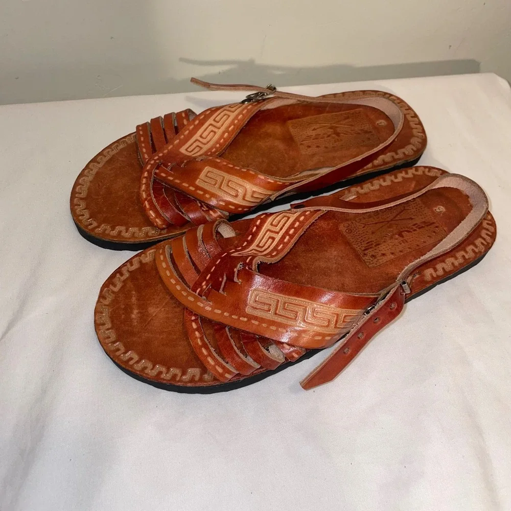 Don Porfirio Mens Huarache Sandals Tan Leather Greek Key Stamped Mexican Shoes 6
